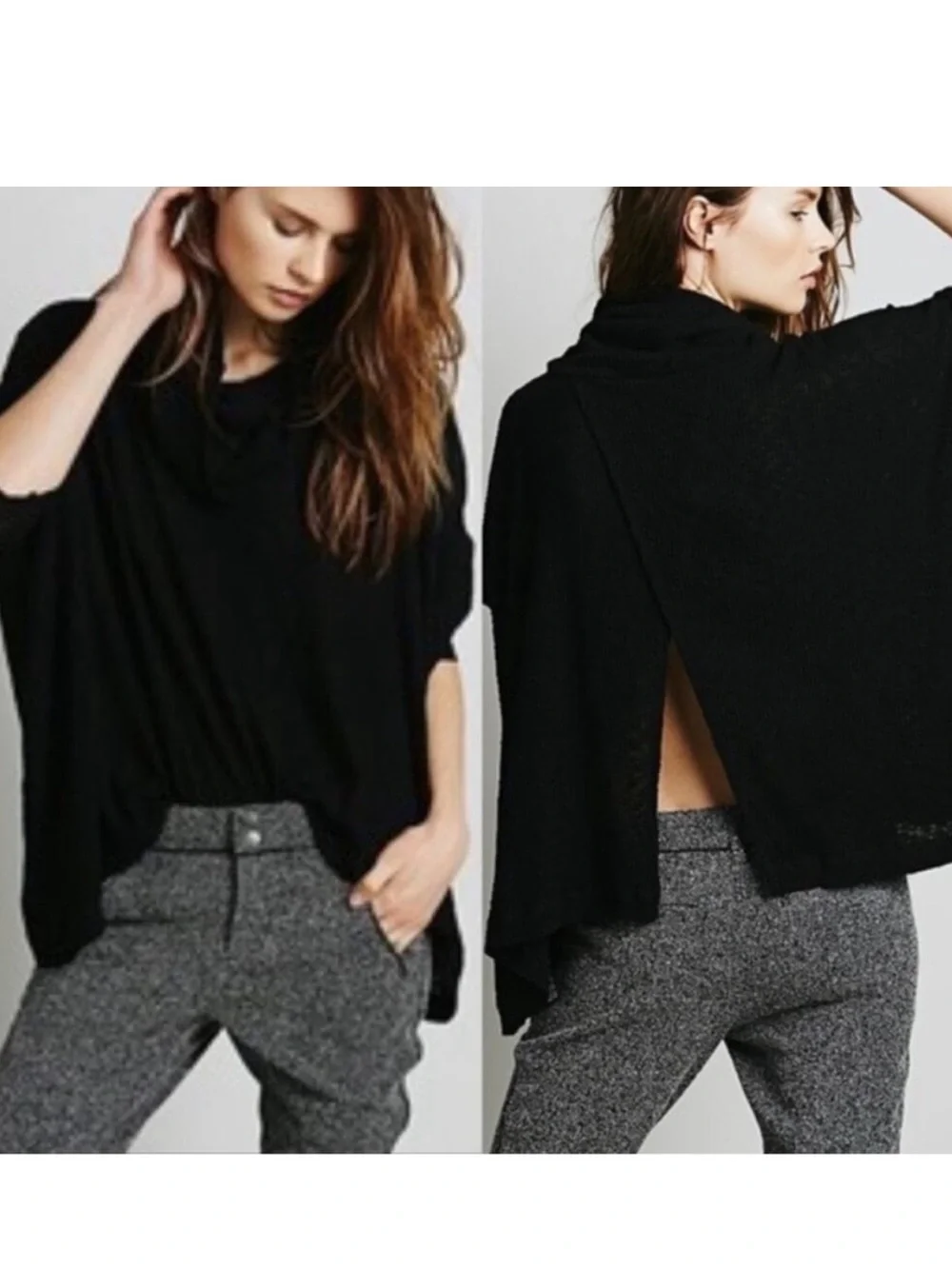 Free People Beach World Traveler Split Back Top Size Medium Cowl Neck Boho Black